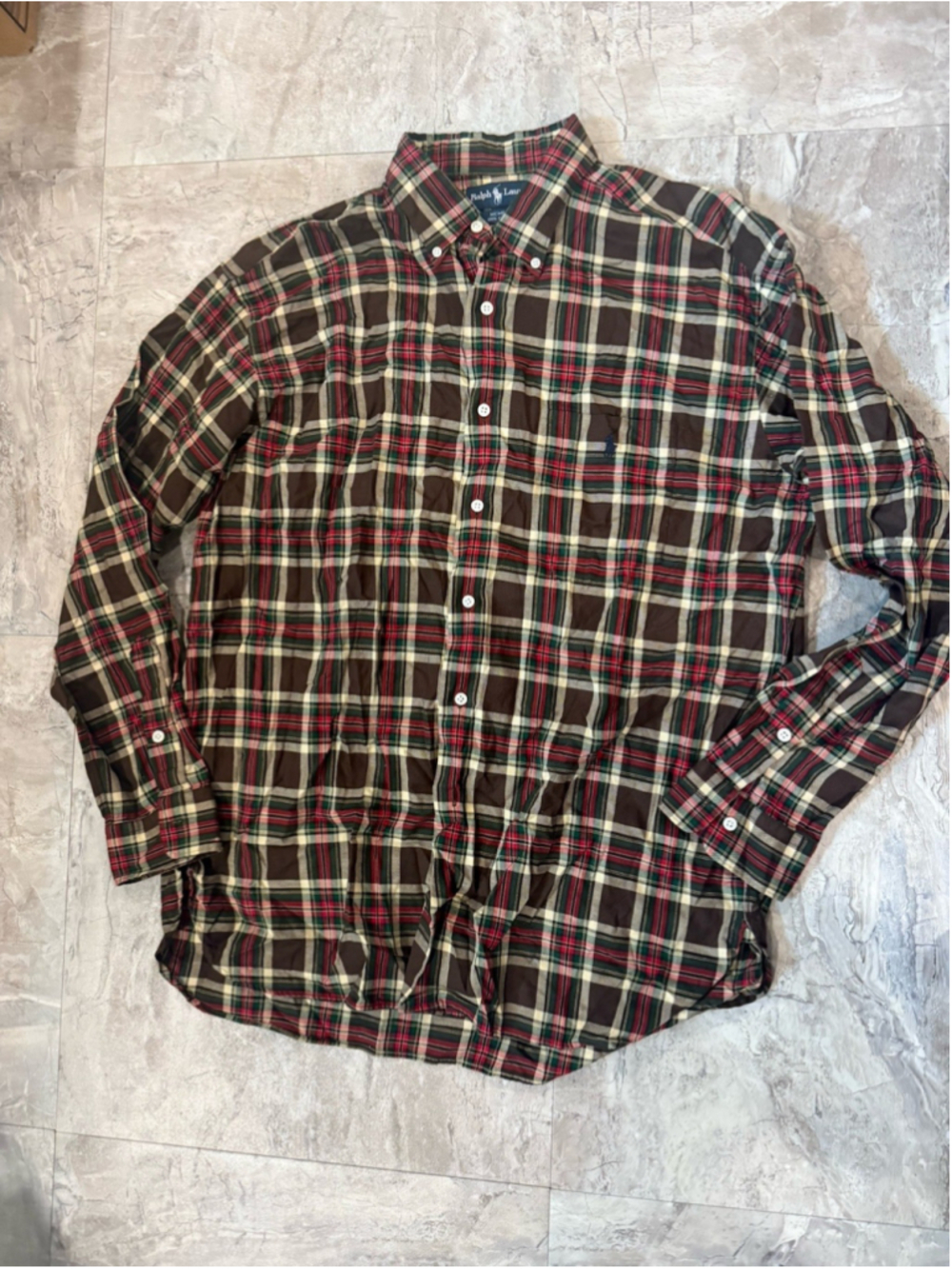 VTG POLO RALPH LAUREN Mcmeel Brown And Red Plaid Cotton Button Down Blue Logo L - Picture 2 of 5